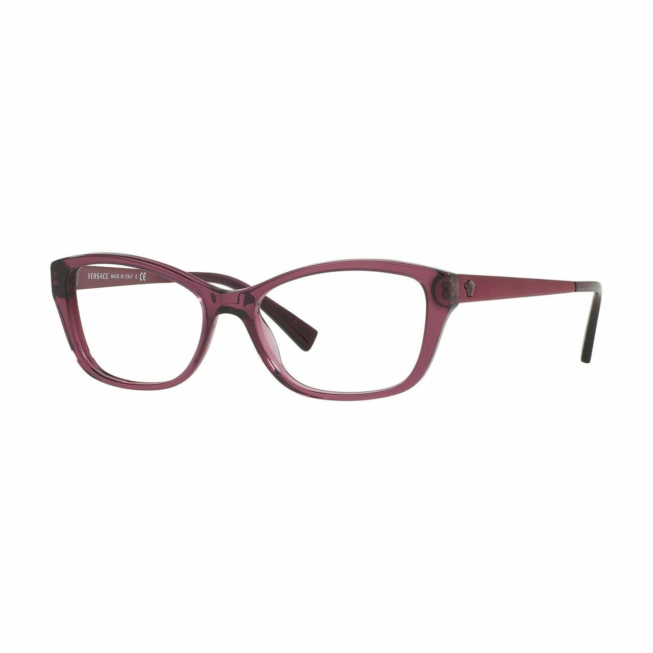 Versace VE3236-5220 Transparent Plum Cat-Eye Women's Plastic Eyeglasses displayed elegantly with a stylish design.